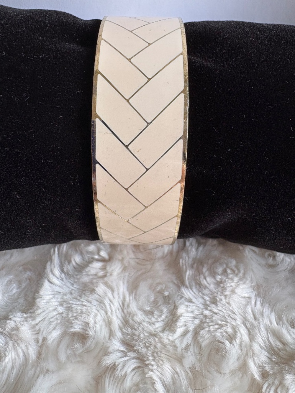 J.Crew Enameled Herringbone Cream White Gold Chevron Mosaic Bangle